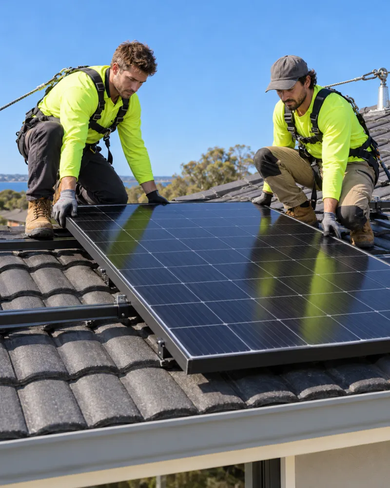 Two installers in hi-vis shirts and harnesses fitting a solar panel to a tiled roof