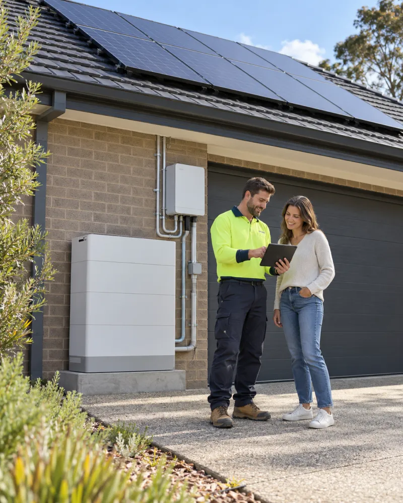Installer in hi-vis showing a homeowner details on a tablet beside a wall-mounted battery