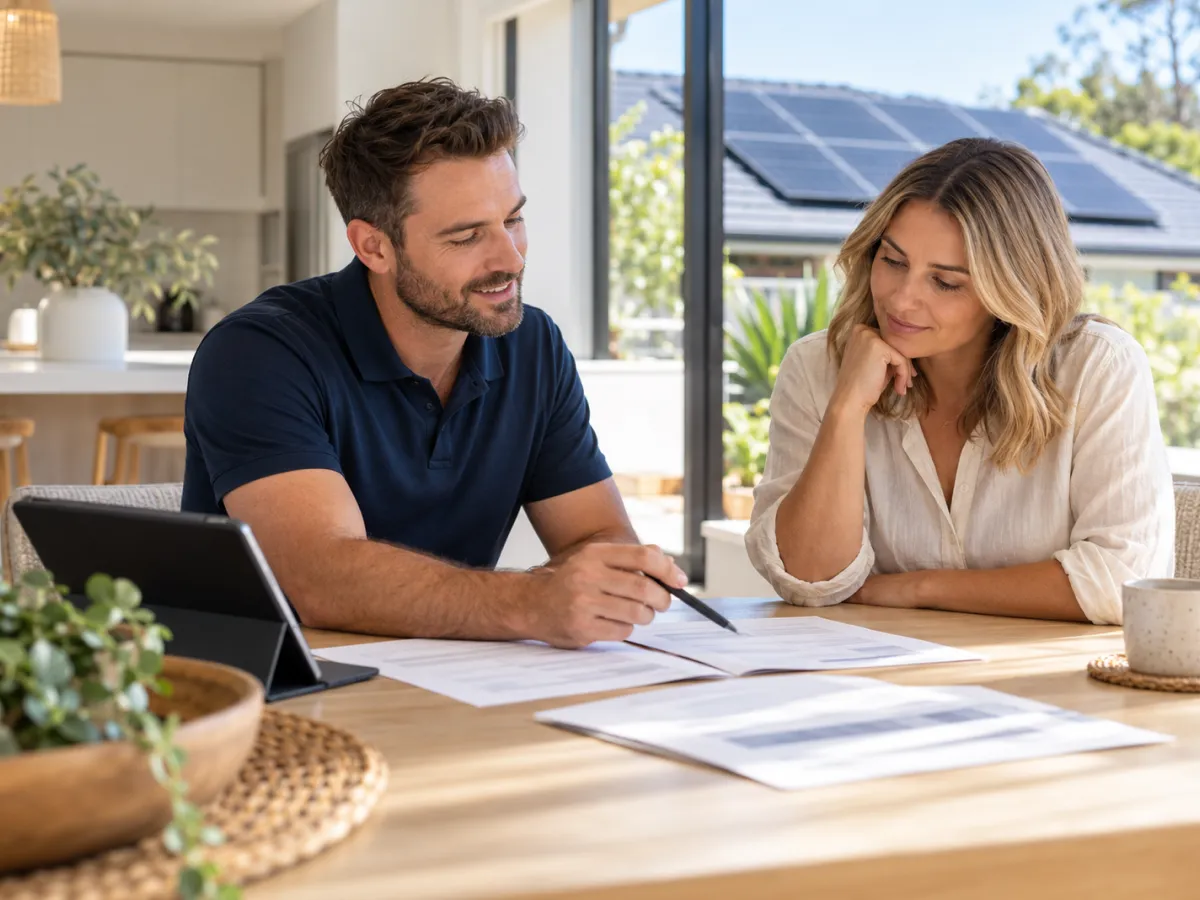 Solar adviser going over a printed quote with a homeowner at a kitchen table