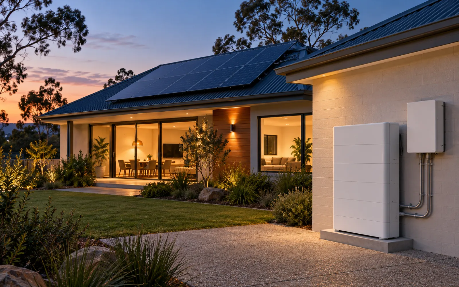 Home battery and inverter on the wall of a solar-powered home at dusk