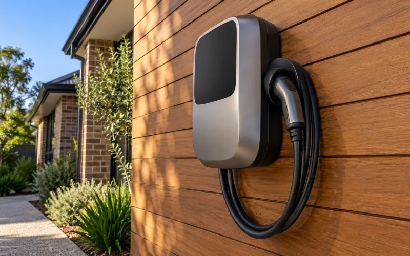 Electric vehicle charger mounted on a timber-clad wall
