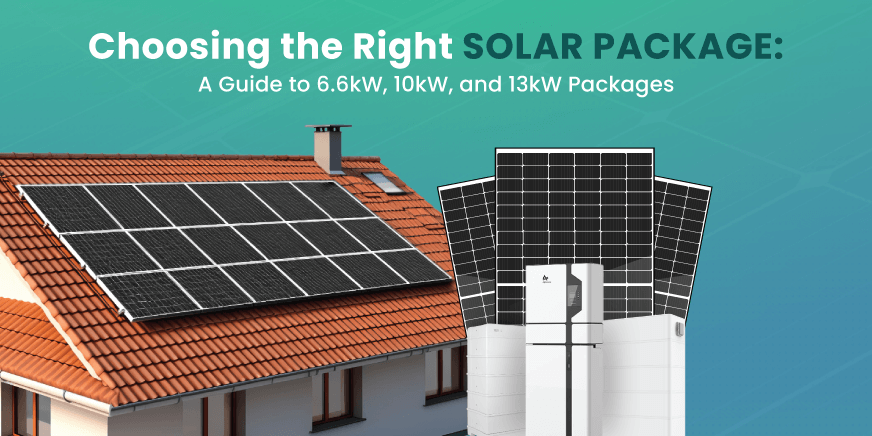 A solar roof with multiple solar panels and a battery storage system, illustrating different solar package options like 6.6kw, 10kw and 13kw packages