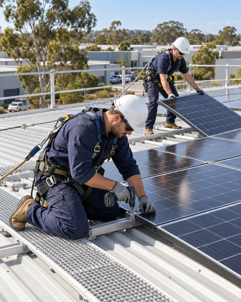 Installers in harnesses and hard hats fitting solar panels to a commercial metal roof