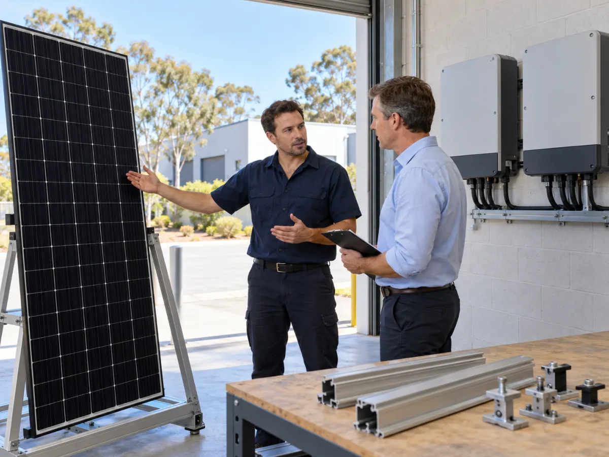 Solar adviser showing a business owner a sample panel, inverters and mounting rails