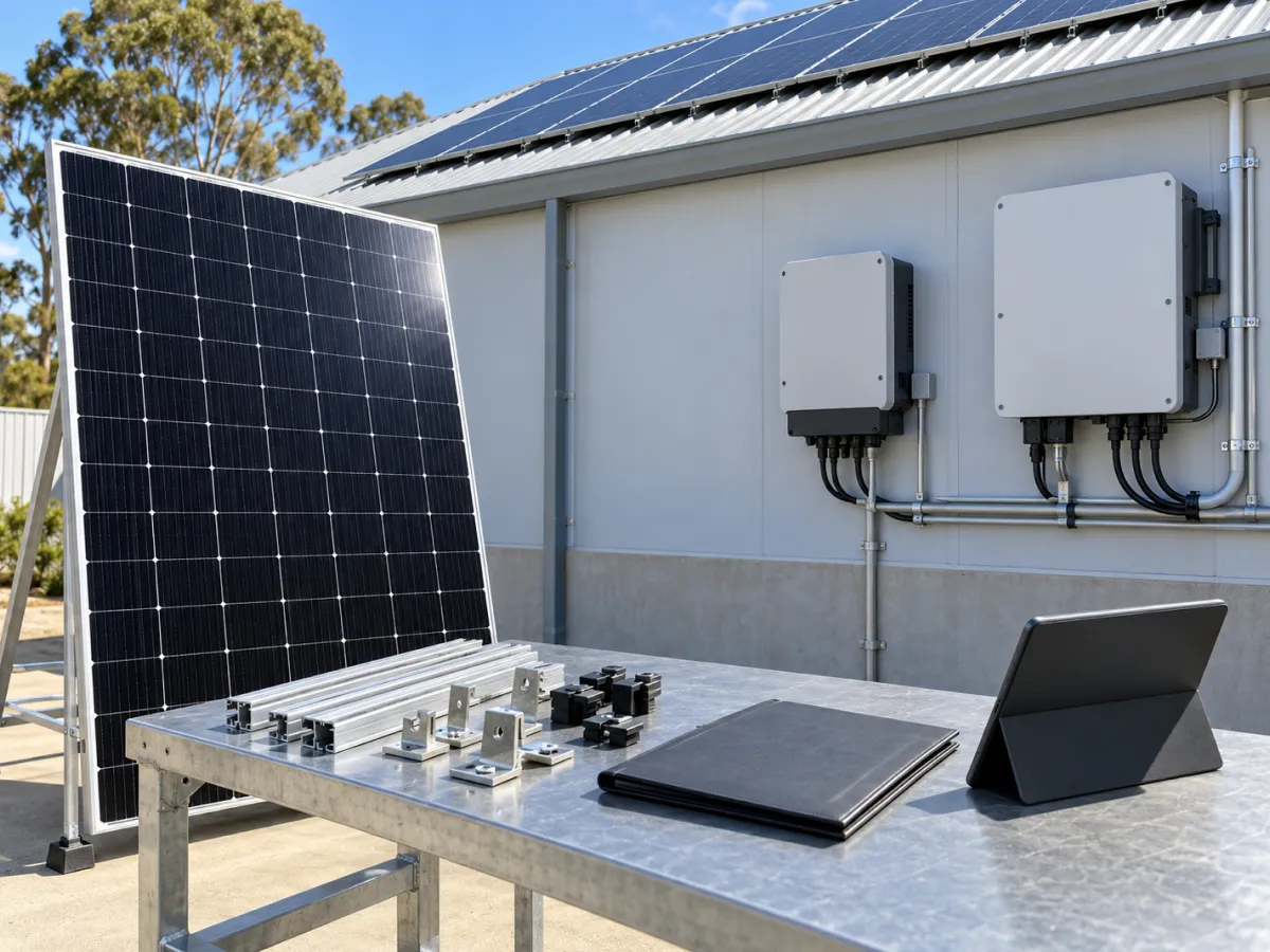 Sample solar panel, mounting parts and two inverters on a commercial building wall