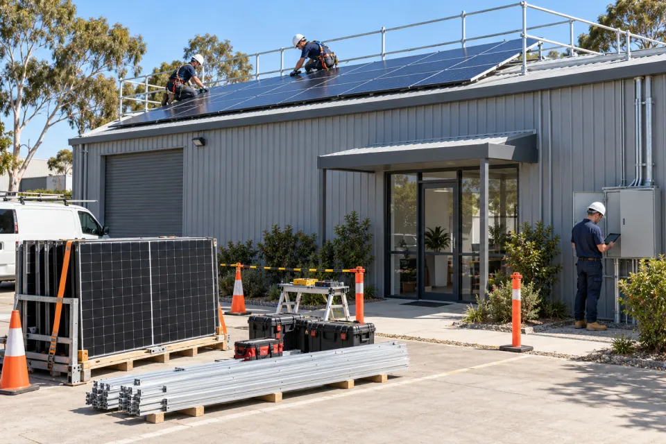 Installers fitting solar panels on a business roof while the shopfront below stays open