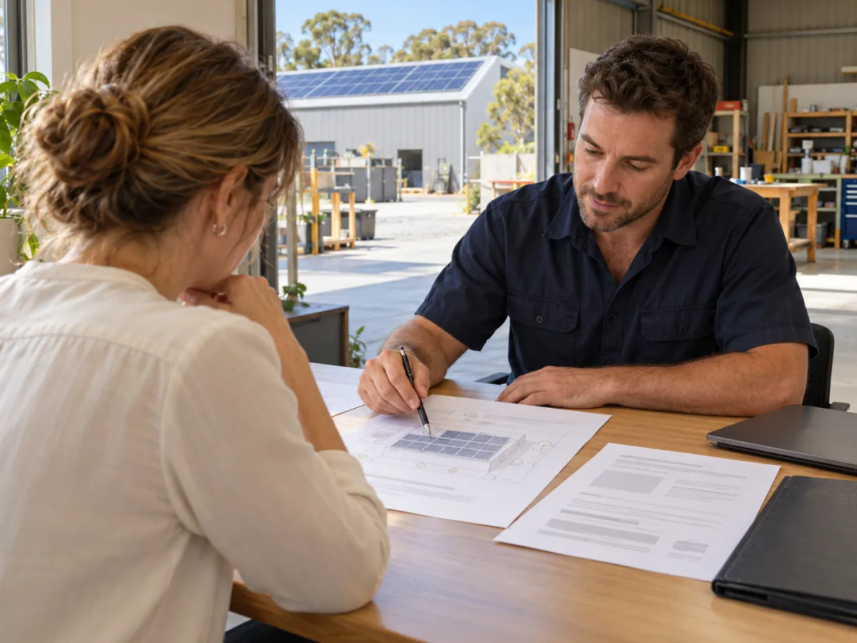 Solar adviser going through a written quote with a business owner in a workshop office