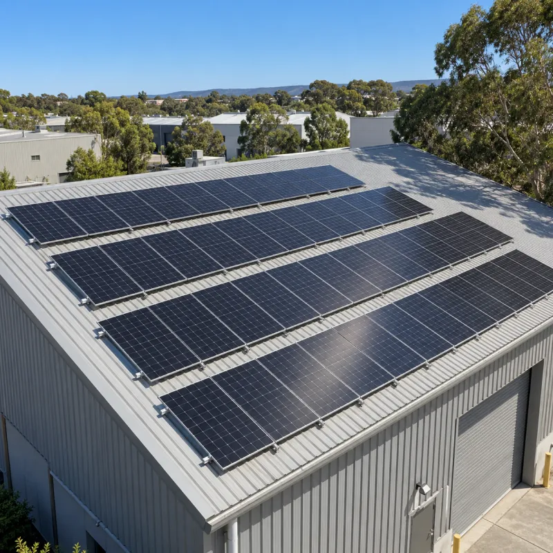 Four rows of solar panels on the pitched roof of a warehouse