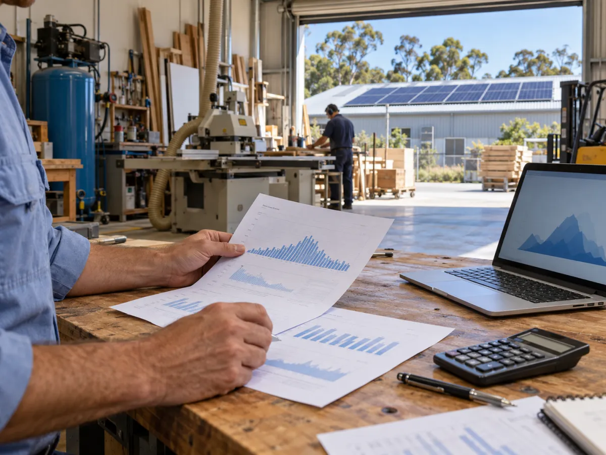 Business owner reviewing energy usage charts at a workshop bench