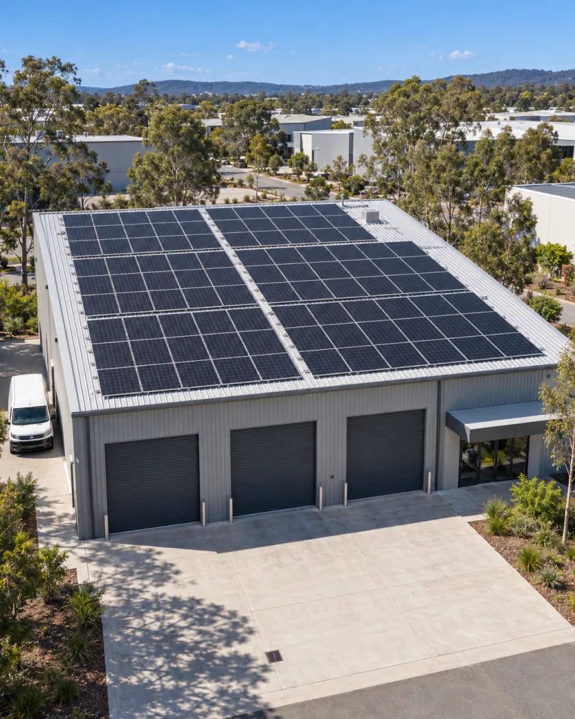 Aerial view of a warehouse with solar panels covering most of its roof