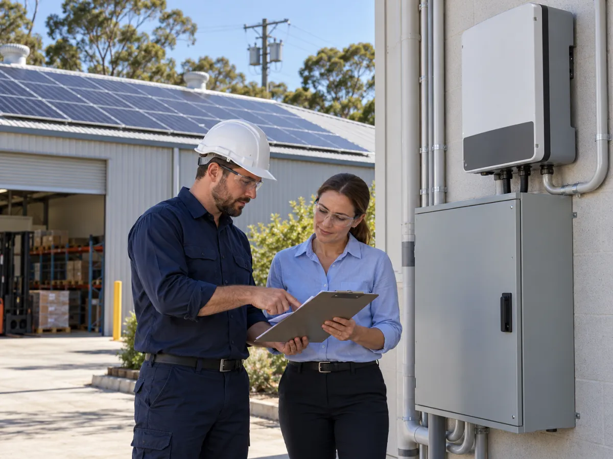 Electrician showing a business owner paperwork beside the inverter and switchboard