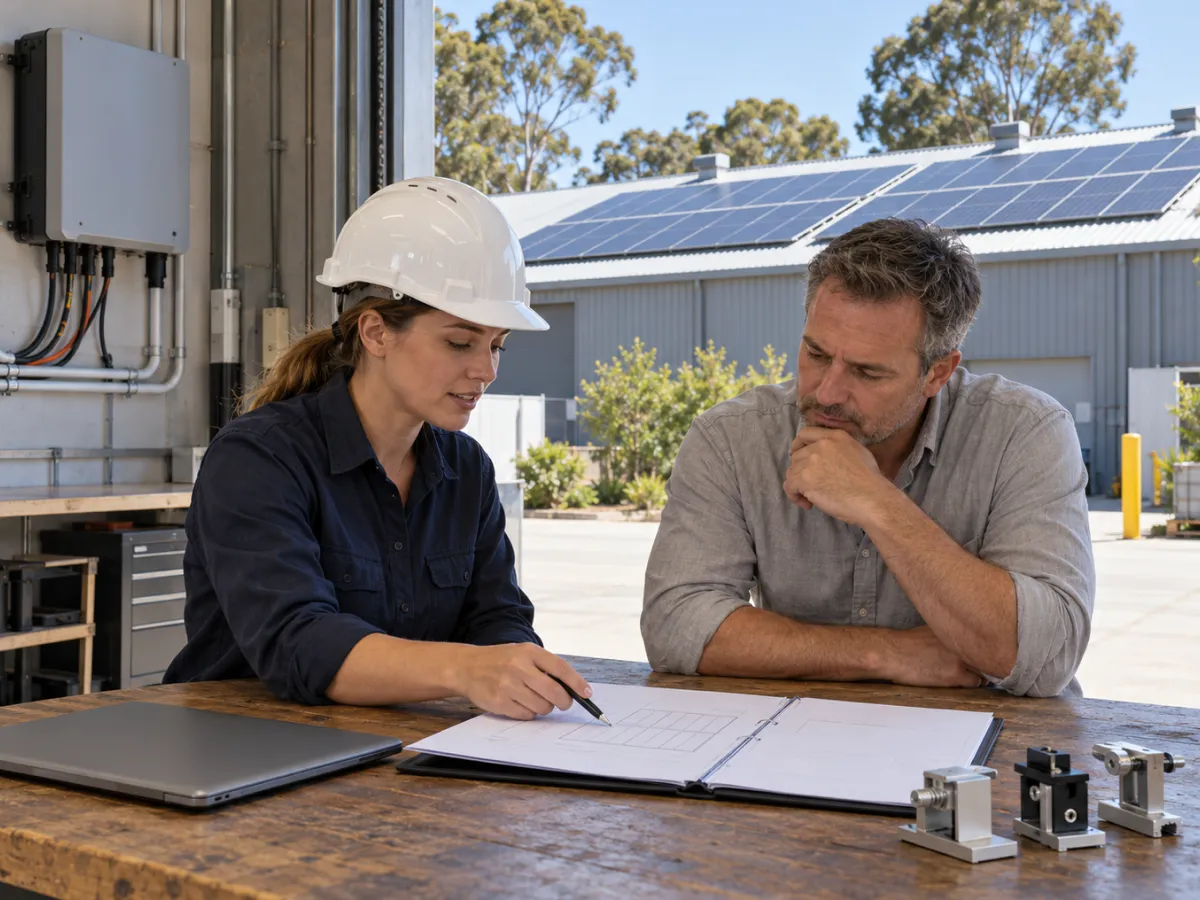 Solar engineer going through approval documents with a business owner