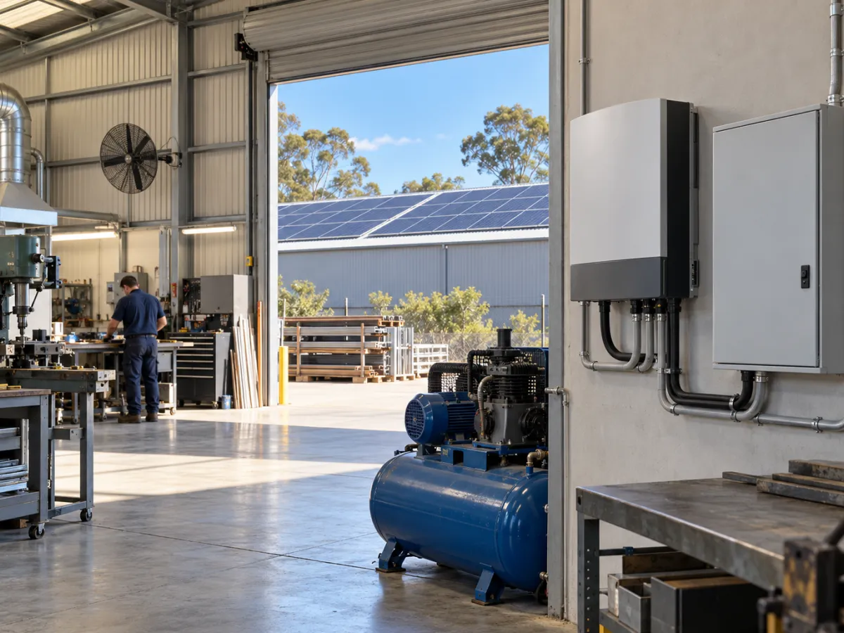 Workshop with an air compressor and machinery beside a wall-mounted inverter and switchboard