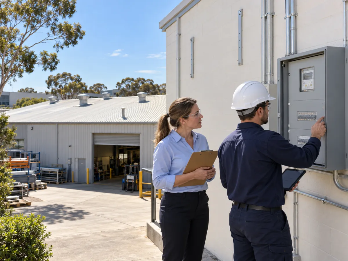 Electrician in a hard hat checking a switchboard with a business owner during a site visit