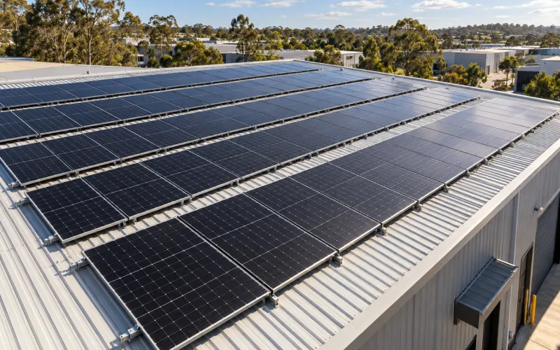 Rows of solar panels along the metal roof of a commercial building