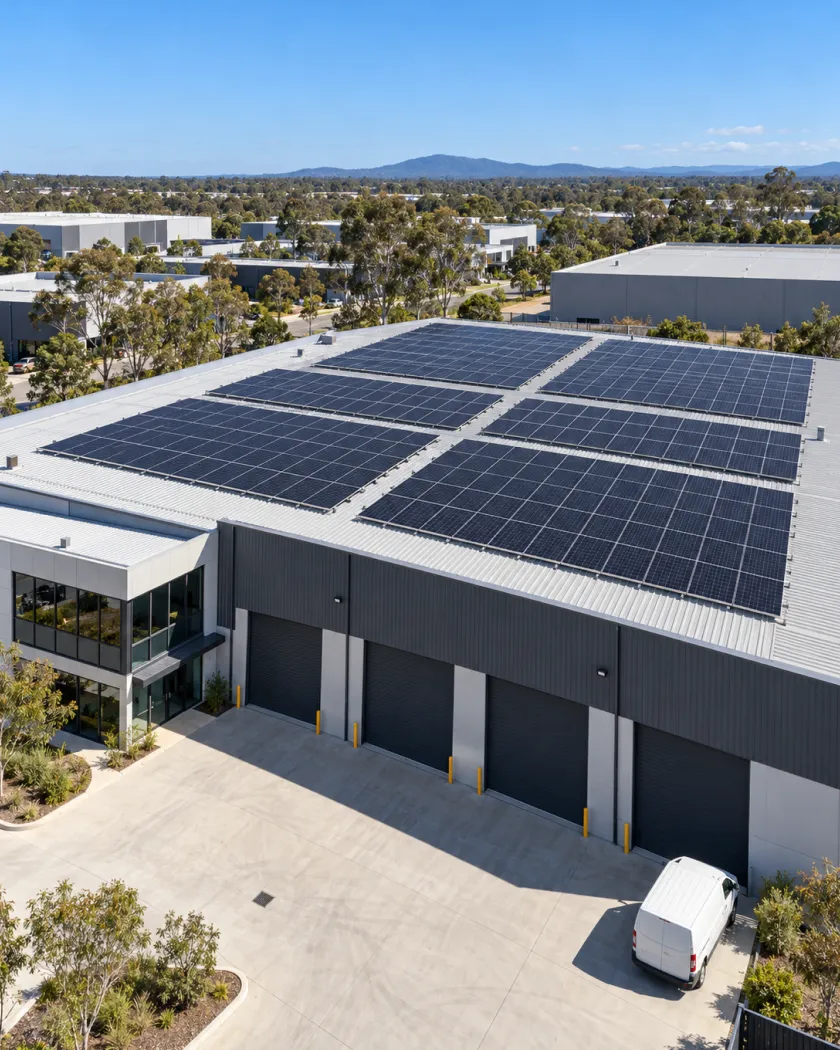 Aerial view of a row of industrial units with solar panels across the roof