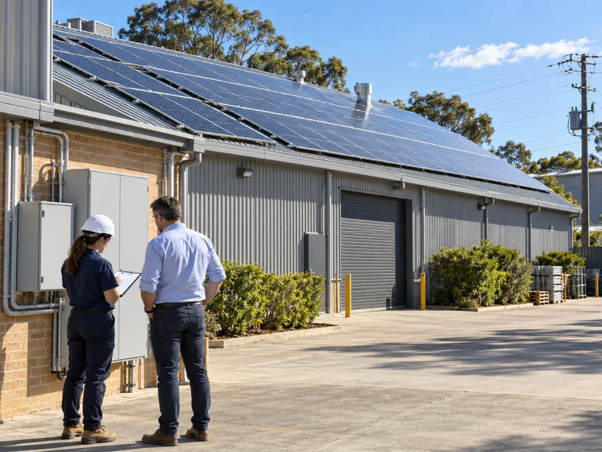 Electrician and business owner checking the meter box outside a solar-powered warehouse