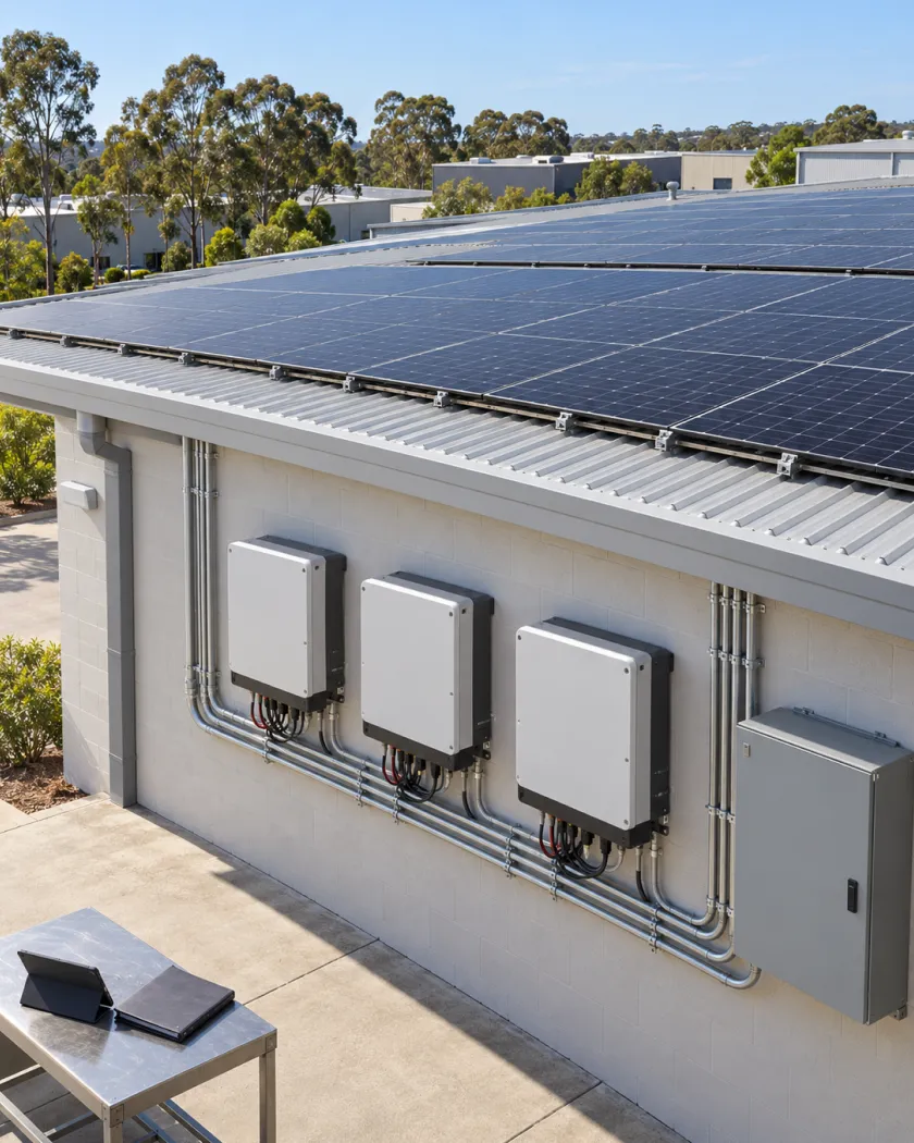 Four inverters and an isolator mounted on a wall below a rooftop solar array