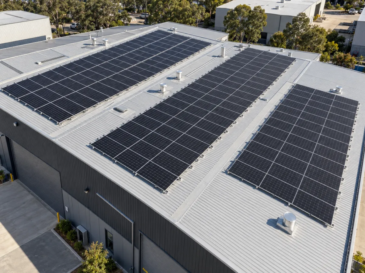 Three long rows of solar panels on a warehouse roof