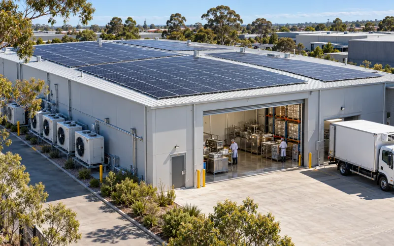 Cold storage warehouse with solar panels on its roof and a delivery truck outside