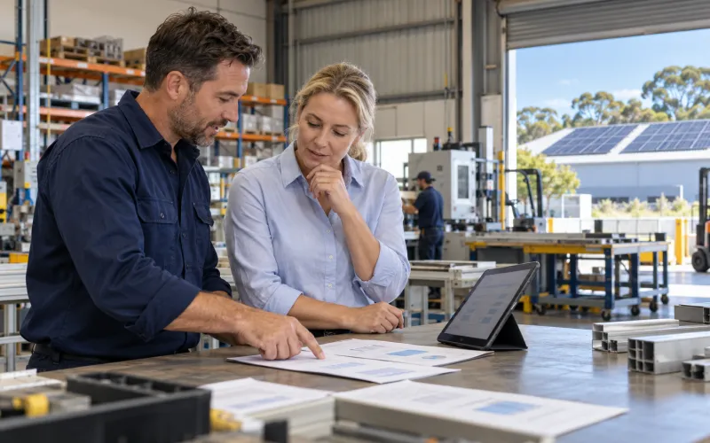 Solar adviser and business owner reviewing energy use on a factory floor