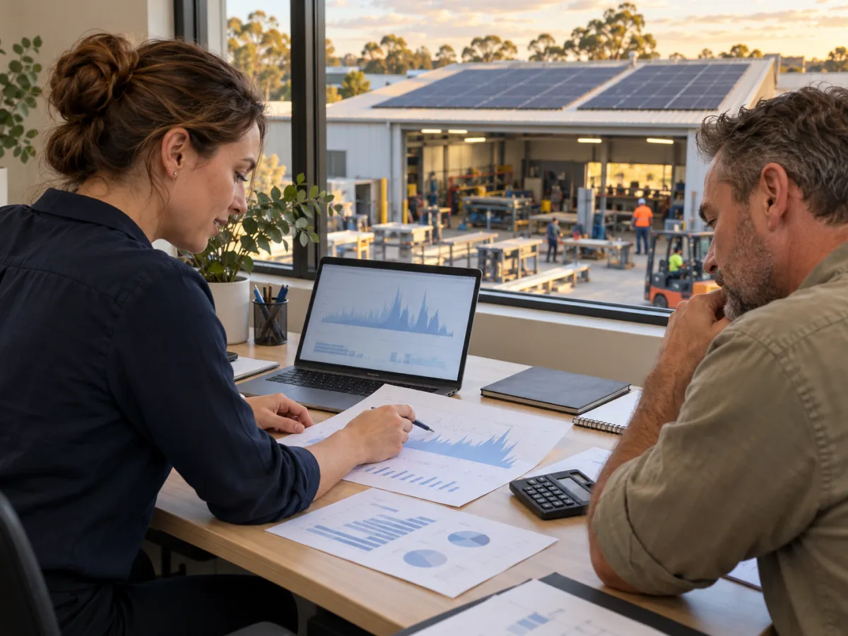 Business owner and adviser comparing energy charts in an office overlooking the factory