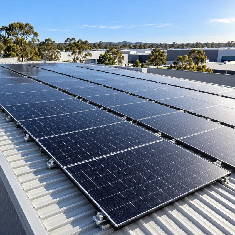 Close view of solar panels mounted on a commercial metal roof