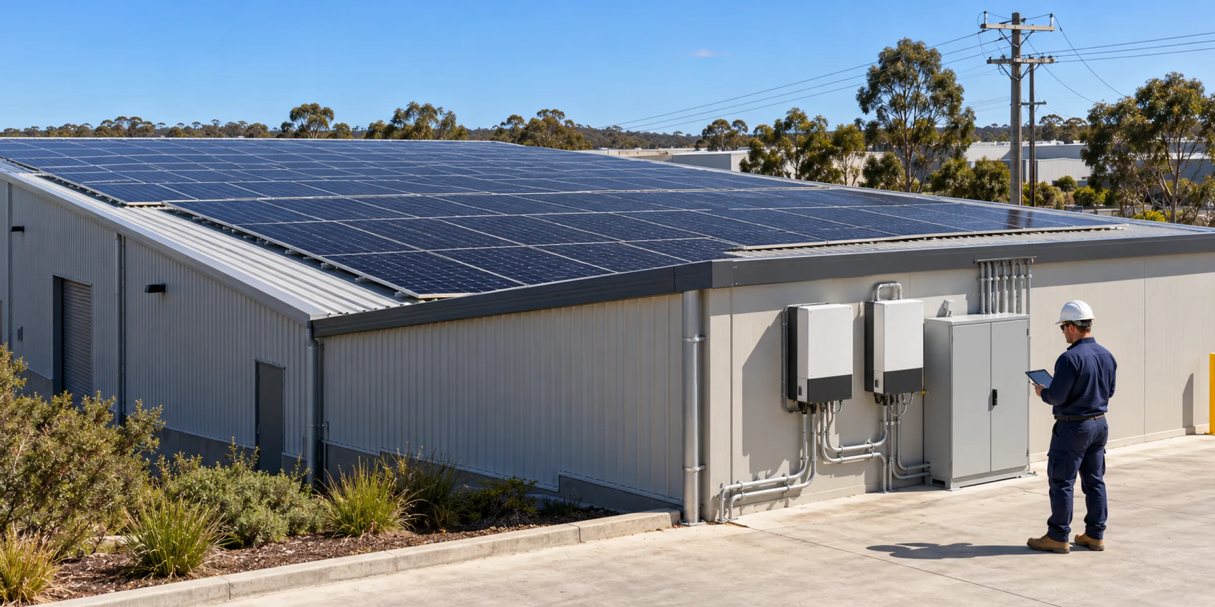 Electrician beside the inverters and switchboard of a solar-powered commercial building