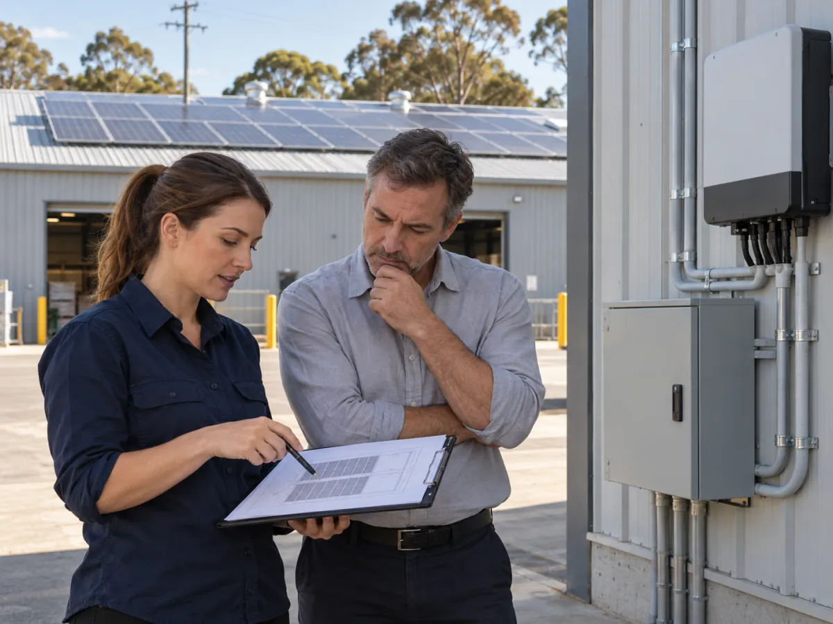 Solar engineer and business owner reviewing export limit plans beside the inverter