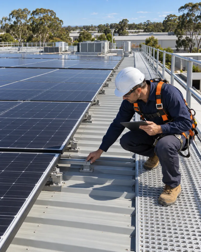 Installer in a harness inspecting the mounting rails of a rooftop solar array