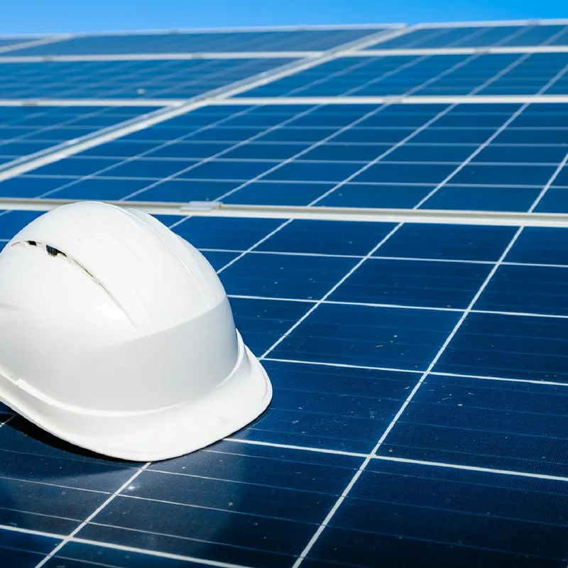 Close view of a solar panel's cells with a hard hat resting on it