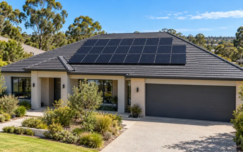 Rendered home with a double garage and solar panels on its roof