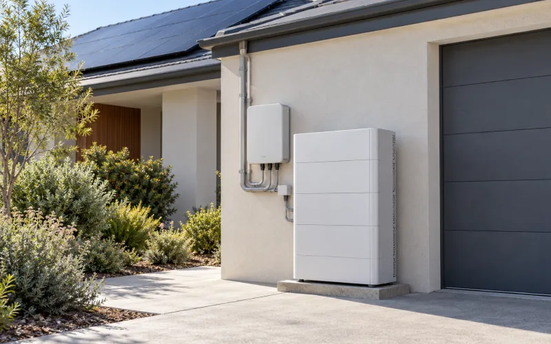 Home battery and inverter mounted on a wall beside a garage