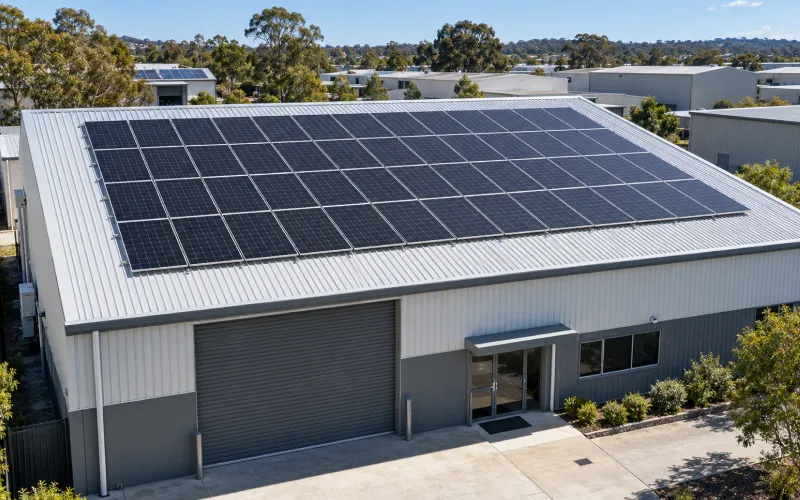 Industrial unit with a solar array across its metal roof