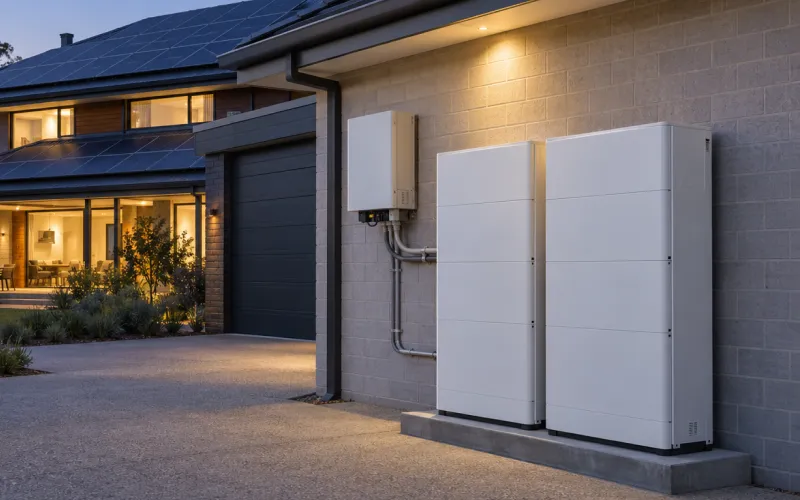 Two home battery units and an inverter on a garage wall at dusk