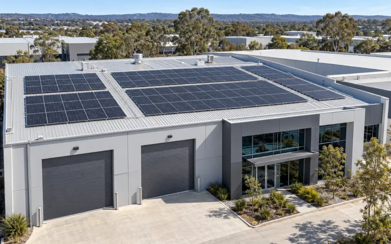 Commercial building with rows of solar panels across its roof