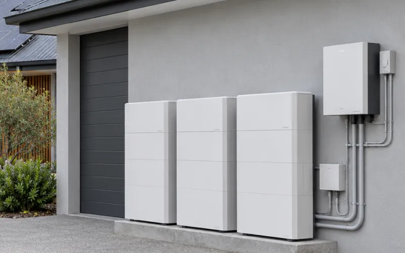 Three home battery units and an inverter on a rendered garage wall