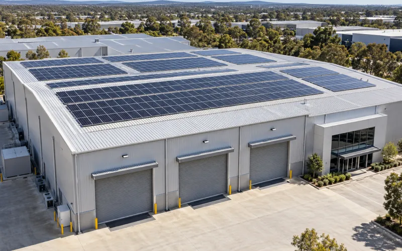 Aerial view of a warehouse with a large solar array across its roof