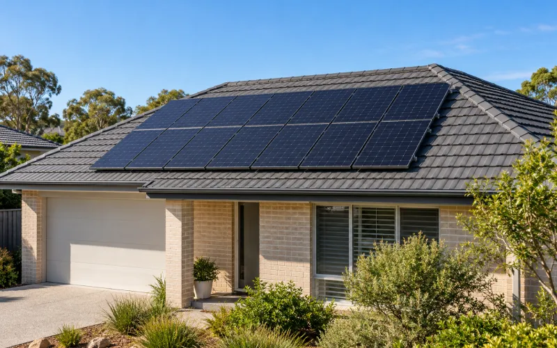 Single-storey brick home with solar panels on its dark tiled roof