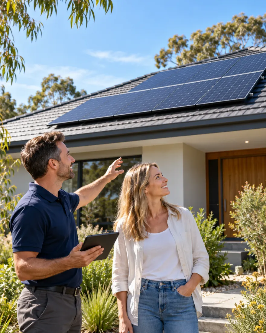 Solar adviser pointing out the rooftop panels to a homeowner outside her home