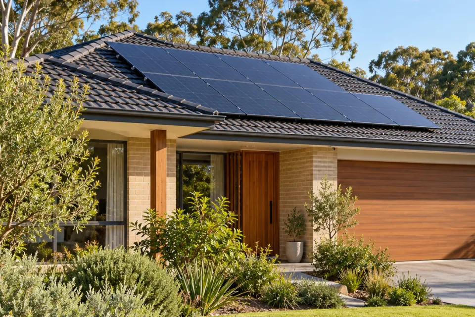 Brick and timber home with solar panels across its dark tiled roof