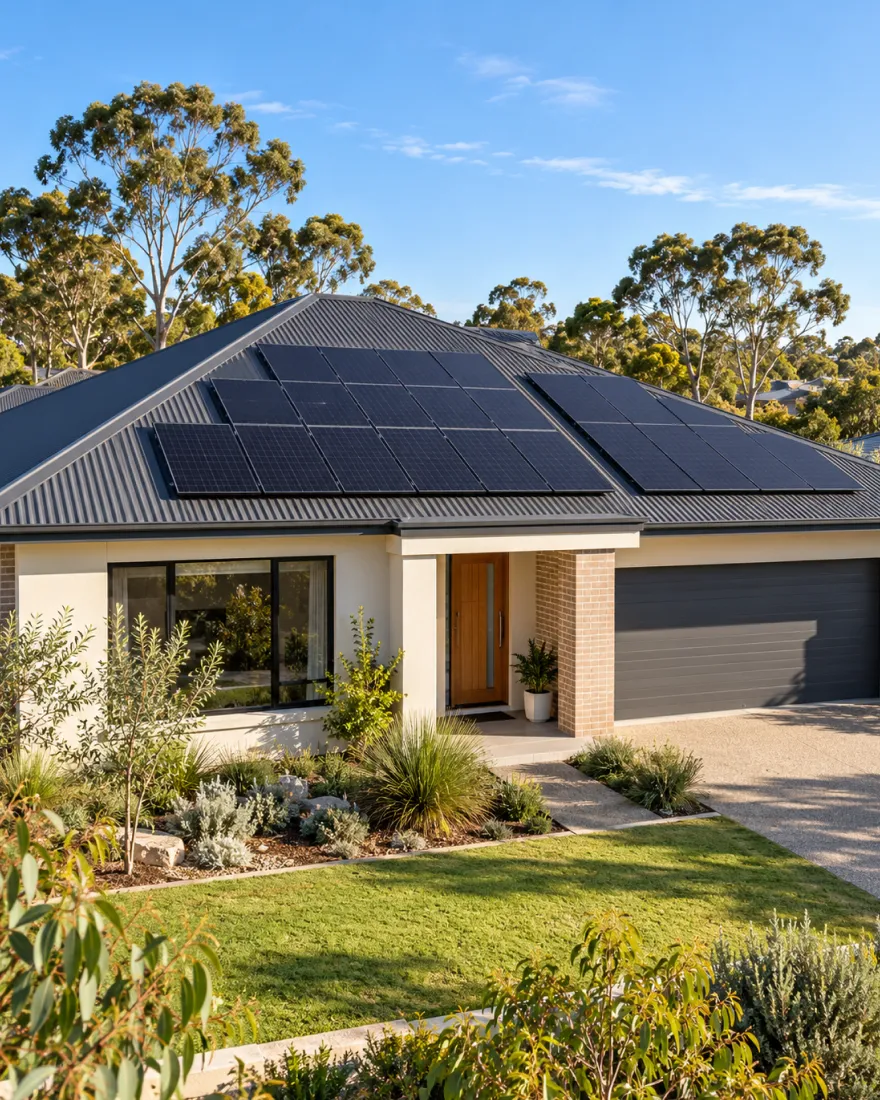 Rendered home with solar panels across its dark tiled roof and a green front lawn