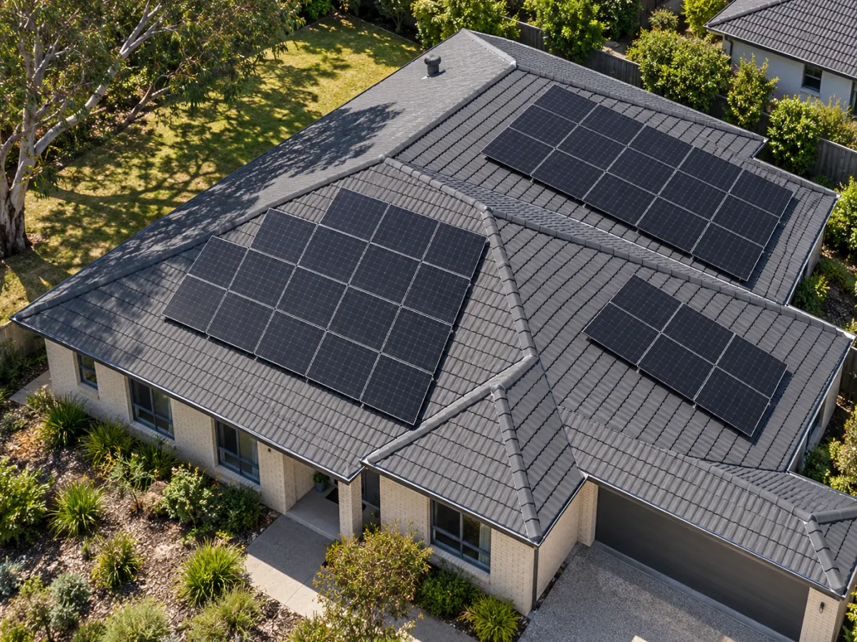 Aerial view of a home roof with solar panels spread across three sections