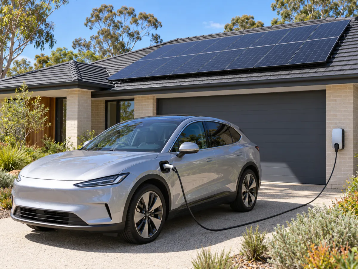 Electric car charging on the driveway of a home with a large rooftop solar array