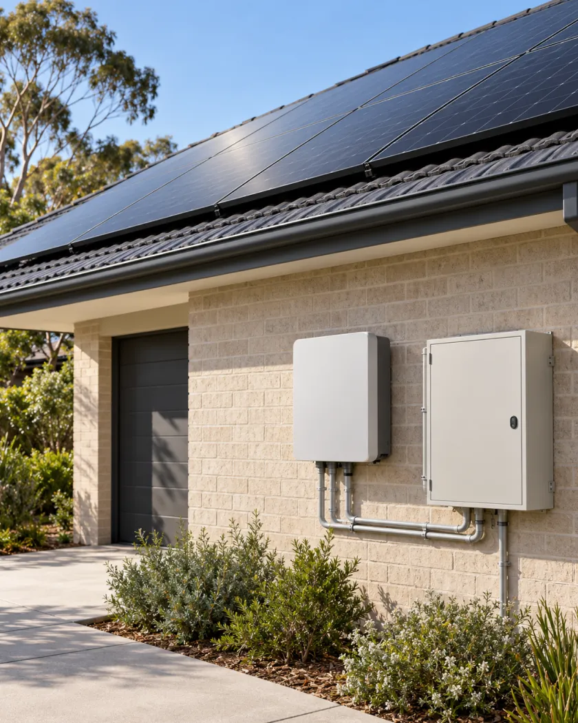 Inverter and switchboard on the brick wall of a home with rooftop solar