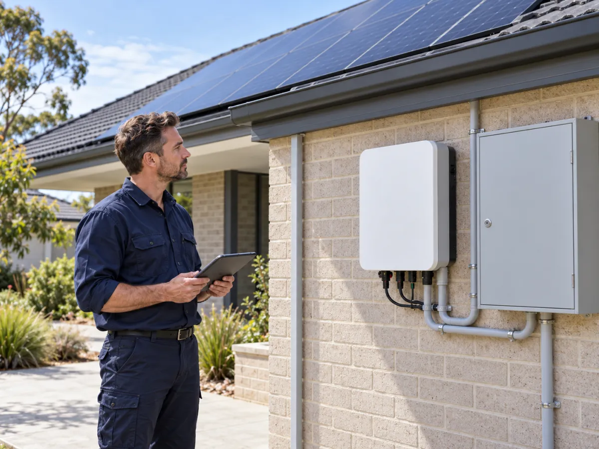 Electrician with a tablet checking the inverter and switchboard on a home's wall