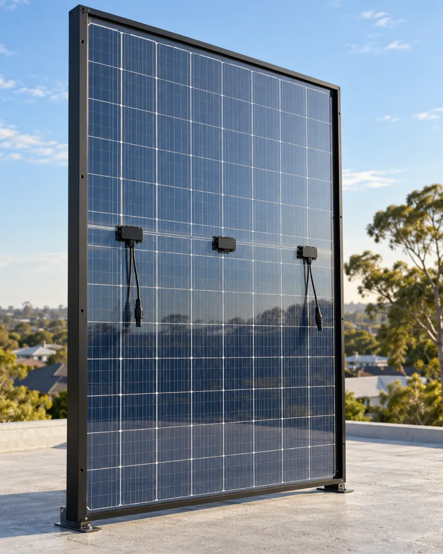 Close view of a large solar panel standing on a rooftop, its cables showing