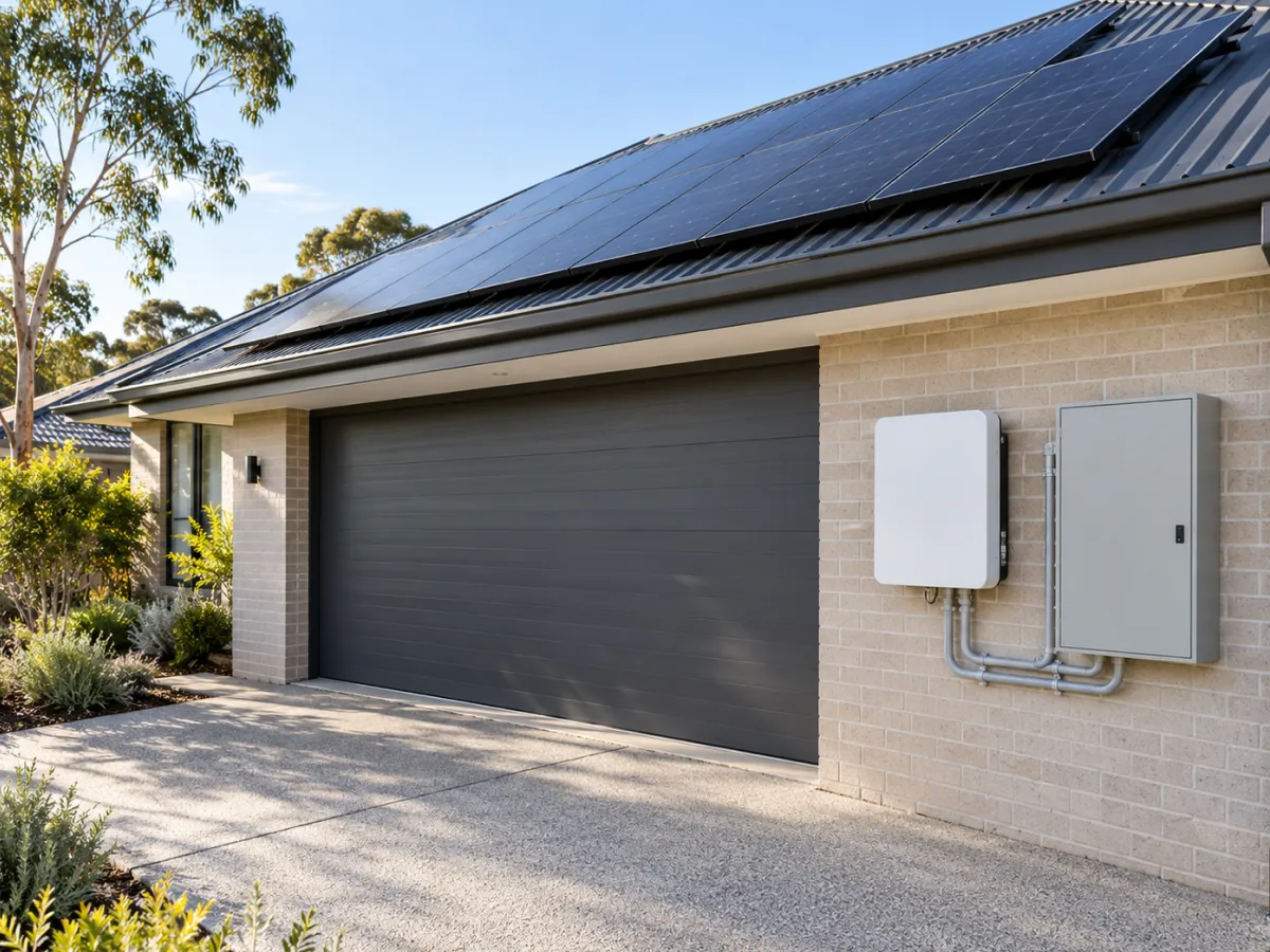 Inverter and switchboard on the wall beside a double garage under a solar roof