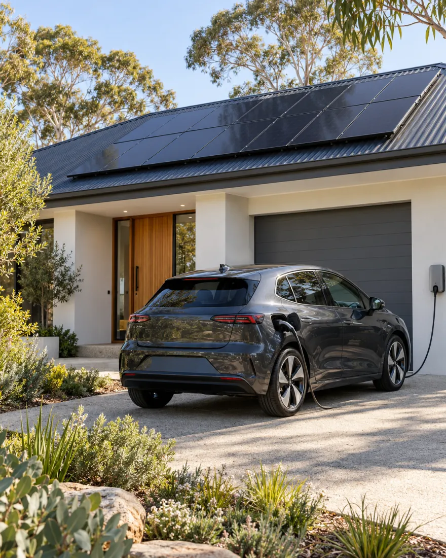 Electric car charging in the driveway of a home with rooftop solar