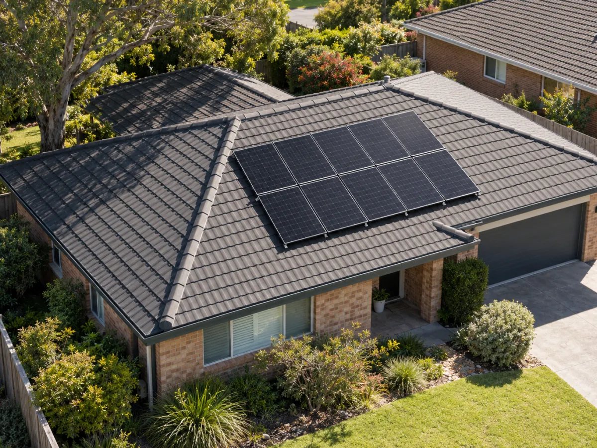 Aerial view of solar panels on the tiled roof of a brick home